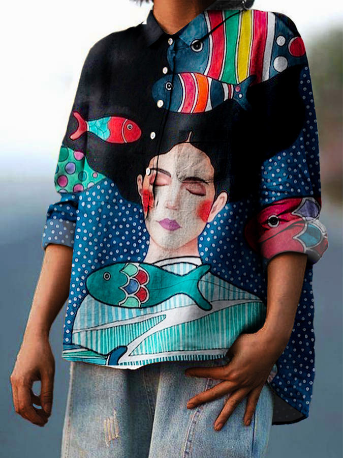 Women's Retro Abstract Colorblock Girls Fish Print Casual Cotton And Linen Shirt