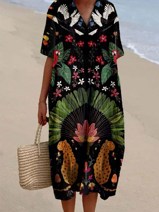 Women's Vintage Bird Abstract Print Casual Cotton And Linen Dress