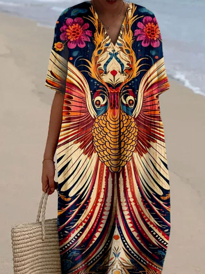 Women's Retro Abstract Colorblock Print Casual Cotton And Linen Dress