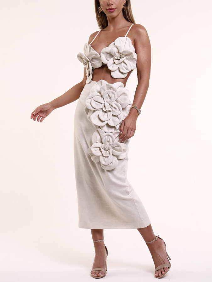 Beach Vacation Three-Dimensional Floral Solid Color Top And Skirt Suit