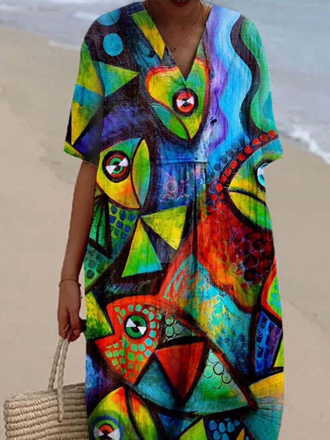 Women's Abstract Oil Painting Colorblock Fish Print Casual Cotton And Linen Dress
