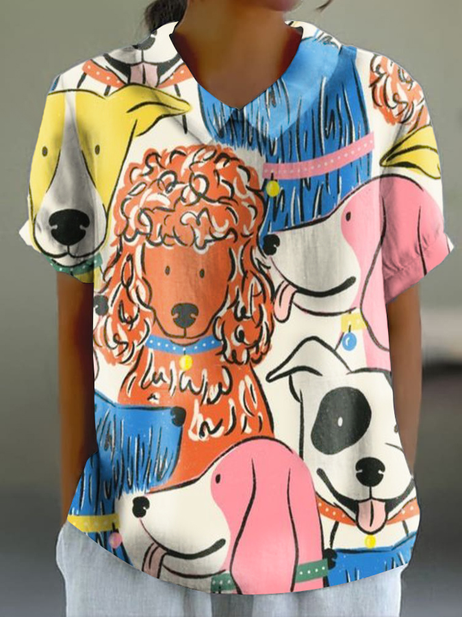 Women's Colorblock Dog Print Casual Cotton And Linen Short Sleeve Shirt