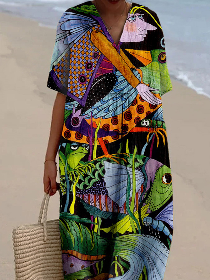 Women's Abstract Colorblock Fish Print Casual Cotton And Linen Dress