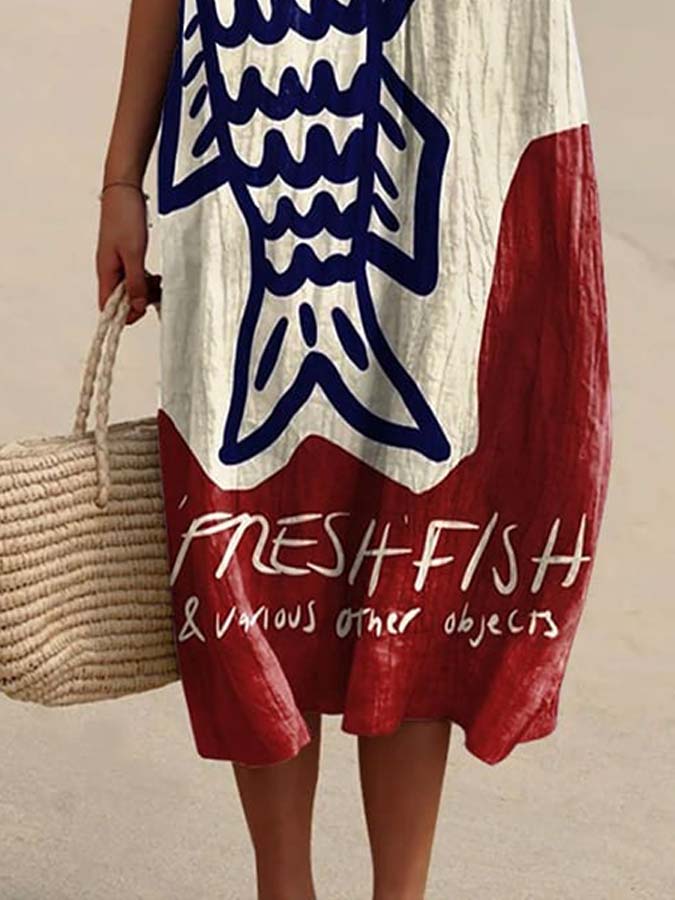 Women's Vintage Fish Art Print Flowy Dress