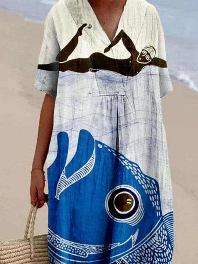 Women's Ocean Fish Print Casual Cotton And Linen Dress