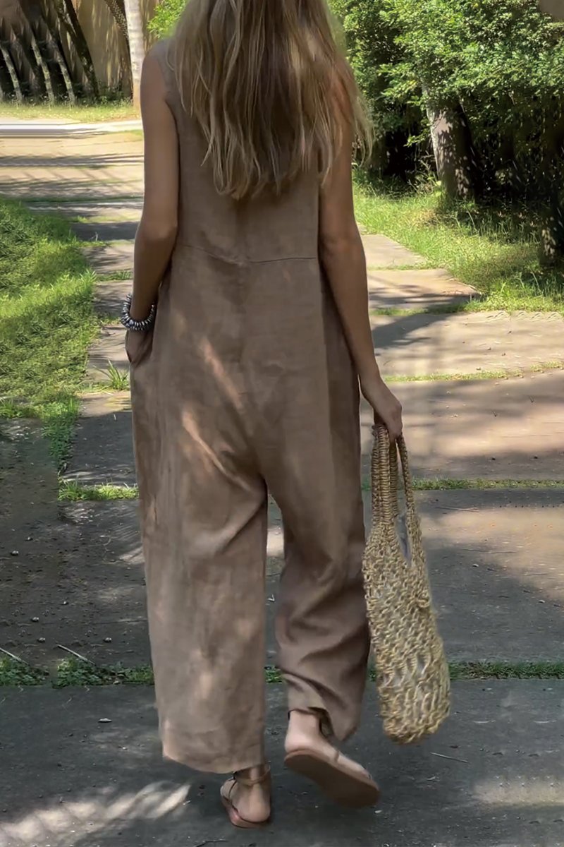 Solid Color Cotton and Linen Loose Jumpsuit