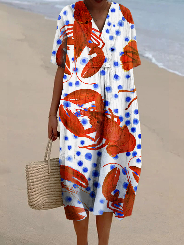 Women's Crayfish Colorblock Print Casual Cotton And Linen Dress
