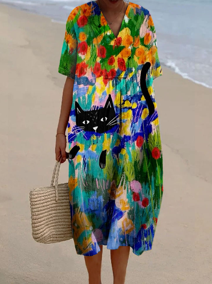 Women's Oil Painting Flower Cat Print Casual Cotton And Linen Dress
