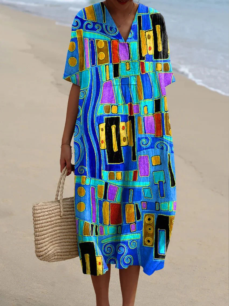 Women's Abstrct Art Print Casual Cotton And Linen Dress