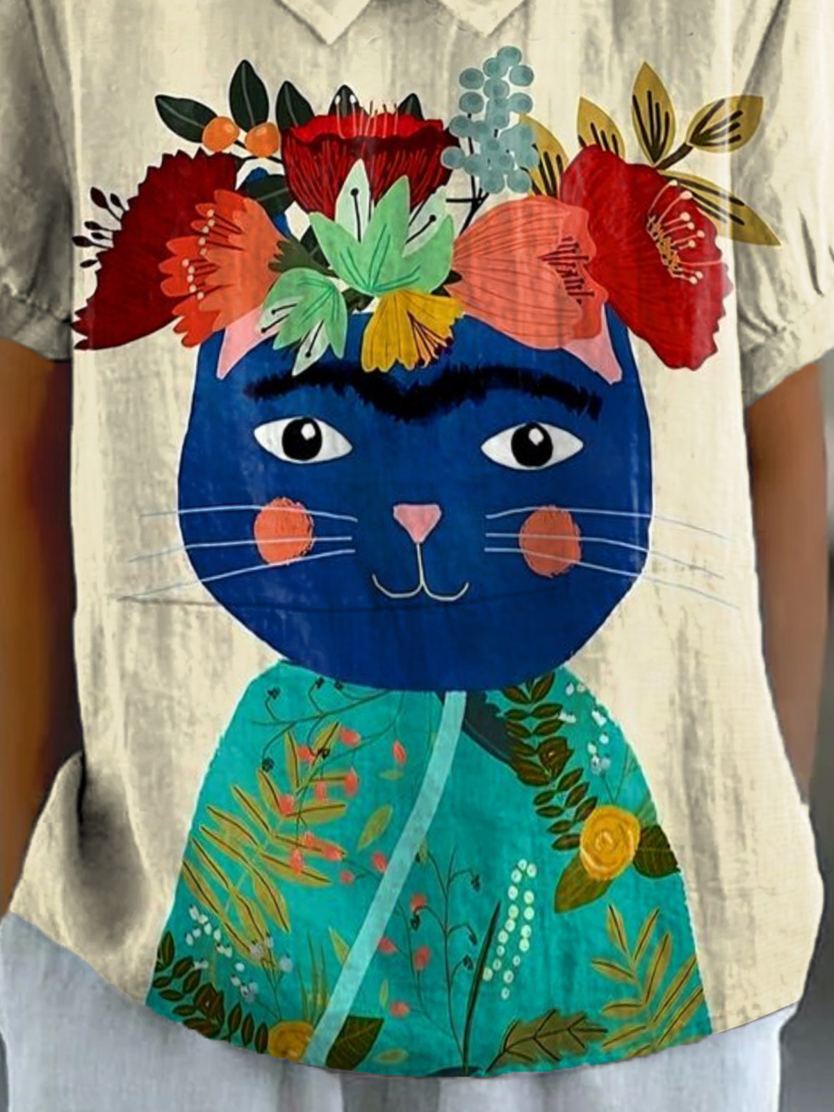 Women's Floral Cat Art Print Casual Cotton And Linen Short Sleeve Shirt