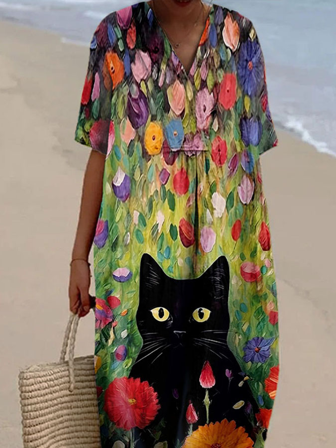 Women's Ombre Floral Cat Print Casual Cotton And Linen Dress