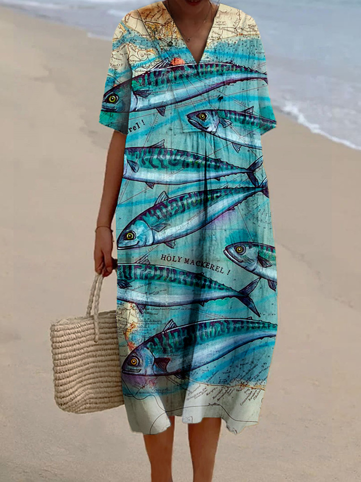 Women's Map Ocean Fish Print Casual Cotton And Linen Dress