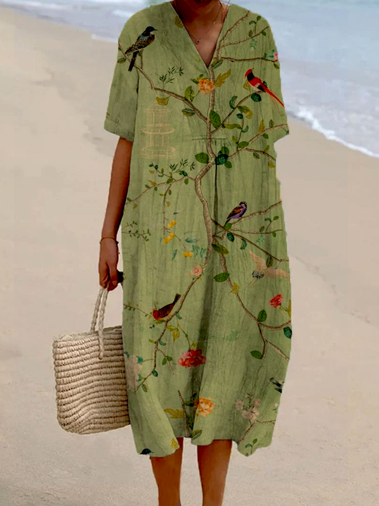 Women's Flower & Birds Print Casual Cotton And Linen Dress