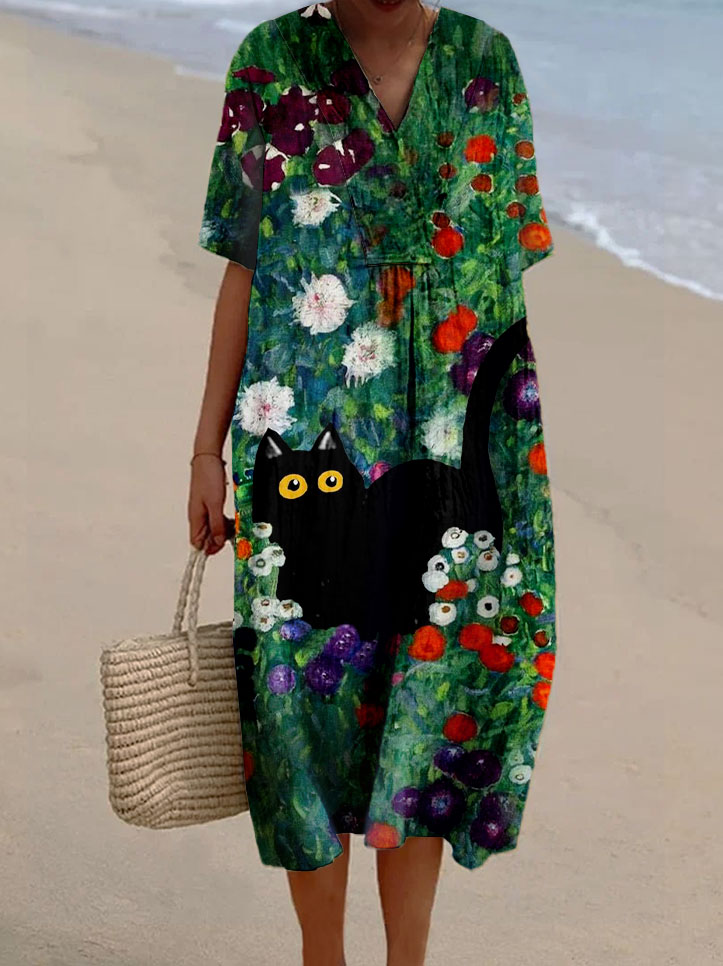 Women's Green Oil Painting Flower Cat Print Casual Cotton And Linen Dress