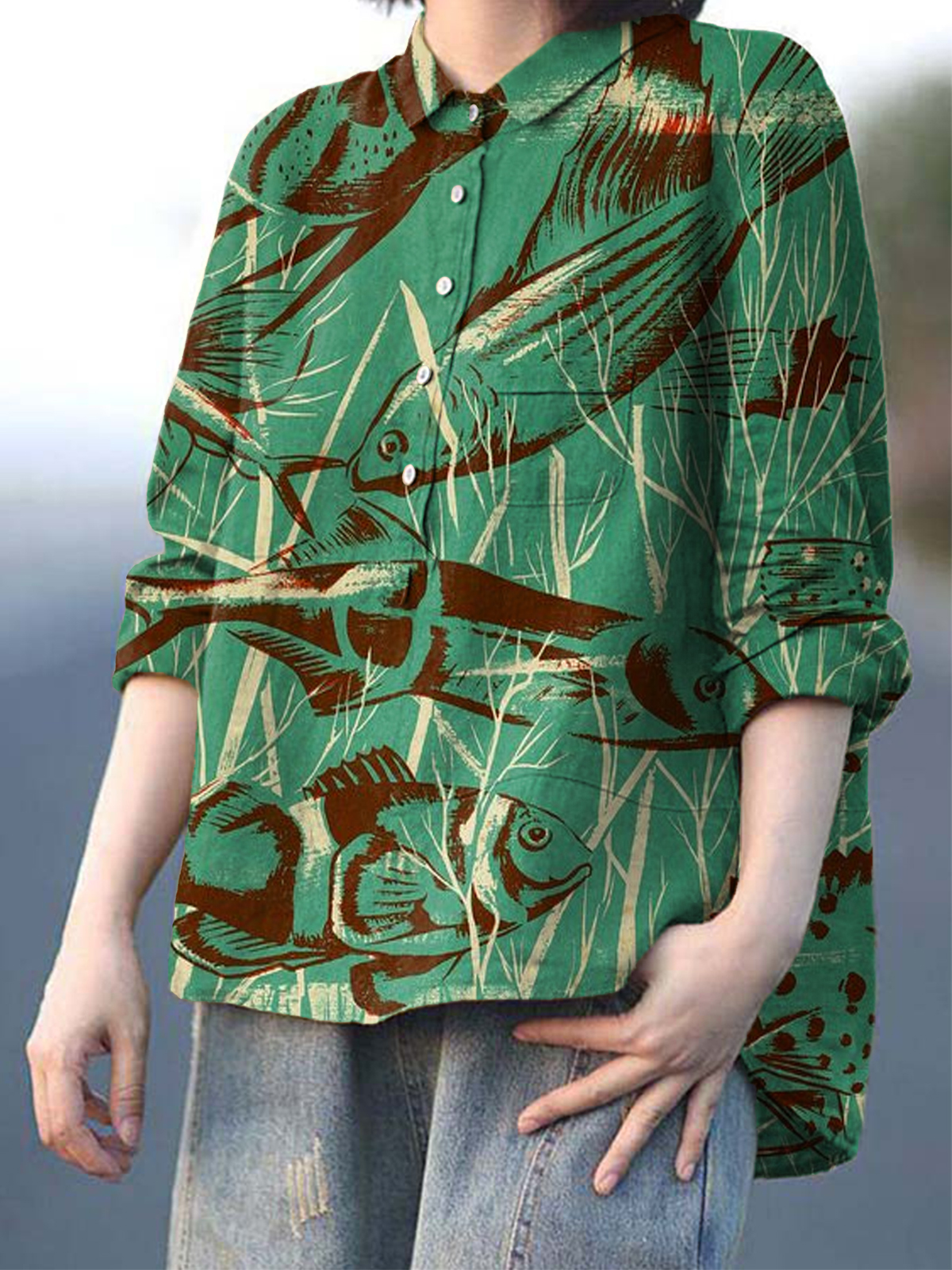 Women's Fish Art Print Casual Cotton And Linen Shirt