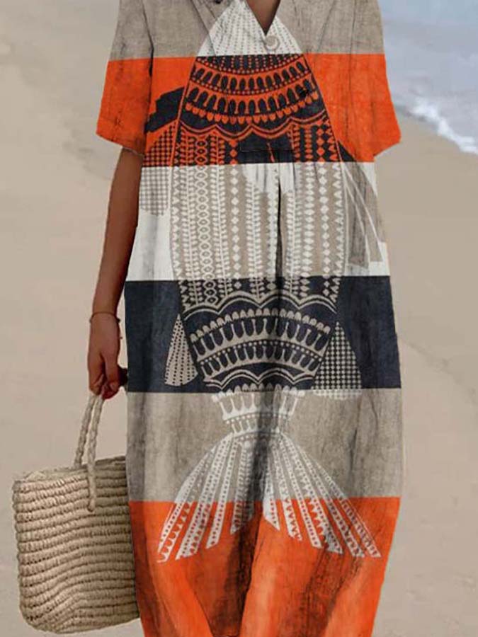 Women's Striped Colorblock Fish Print Casual Cotton And Linen Dress
