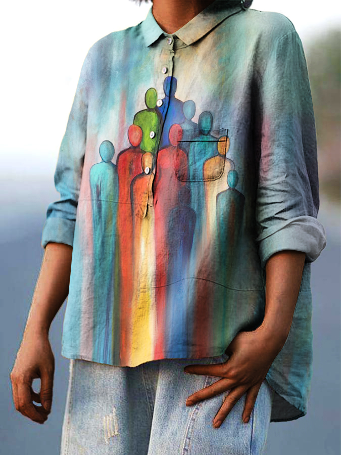 Women's Retro Abstract Colorblock Print Casual Cotton And Linen Shirt