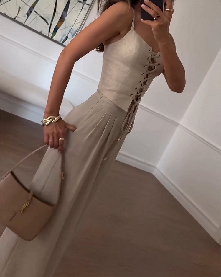 Suspender Drawstring Top and Pants Two-piece Set