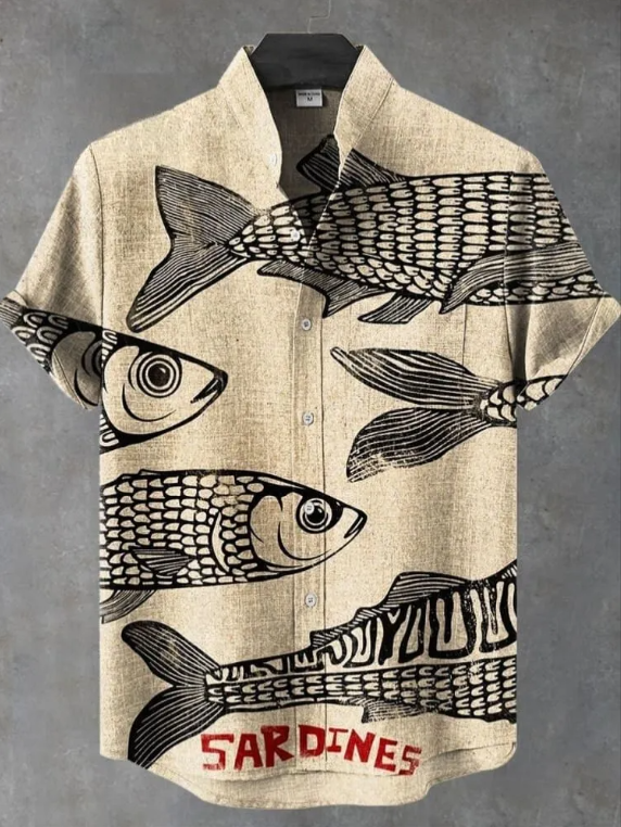 Vintage Fish Sardines Art Print Casual 100% Cotton Shirt