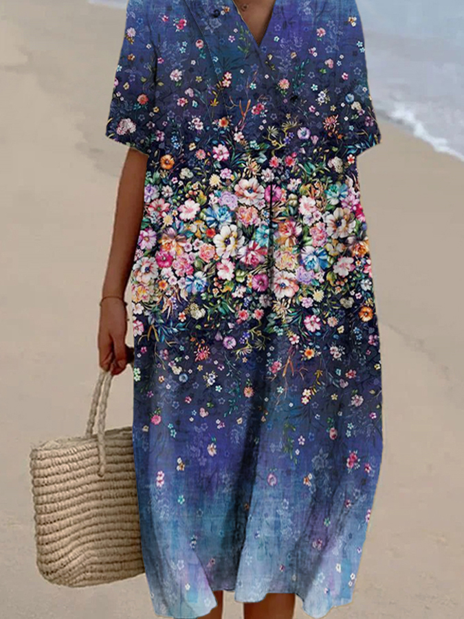 Women's Gradient Floral Print Casual Cotton And Linen Dress