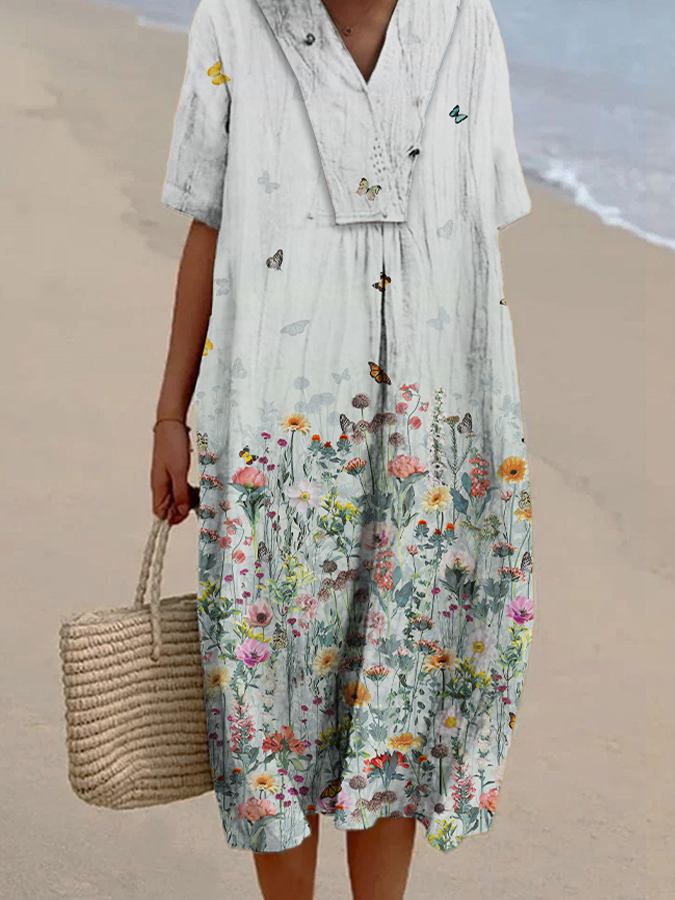 Women's Floral Gradient Print Casual Cotton And Linen Dress