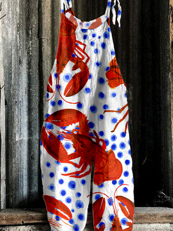 Women's Crayfish Colorblock Print Casual Cotton and Linen Jumpsuit