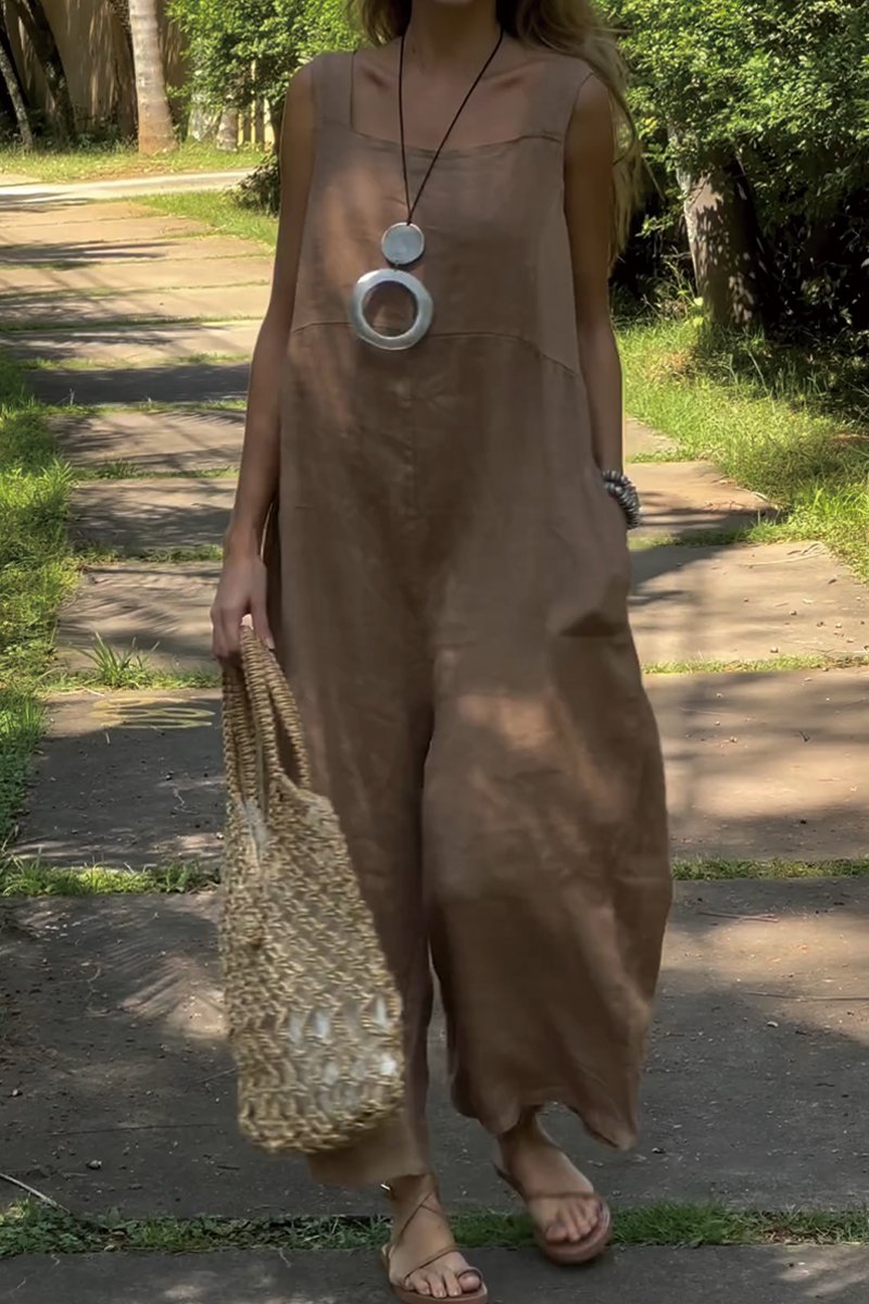 Solid Color Cotton and Linen Loose Jumpsuit
