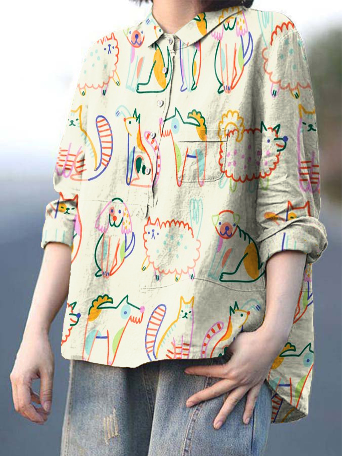 Women's Color Simple Animals Print Casual Cotton And Linen Shirt