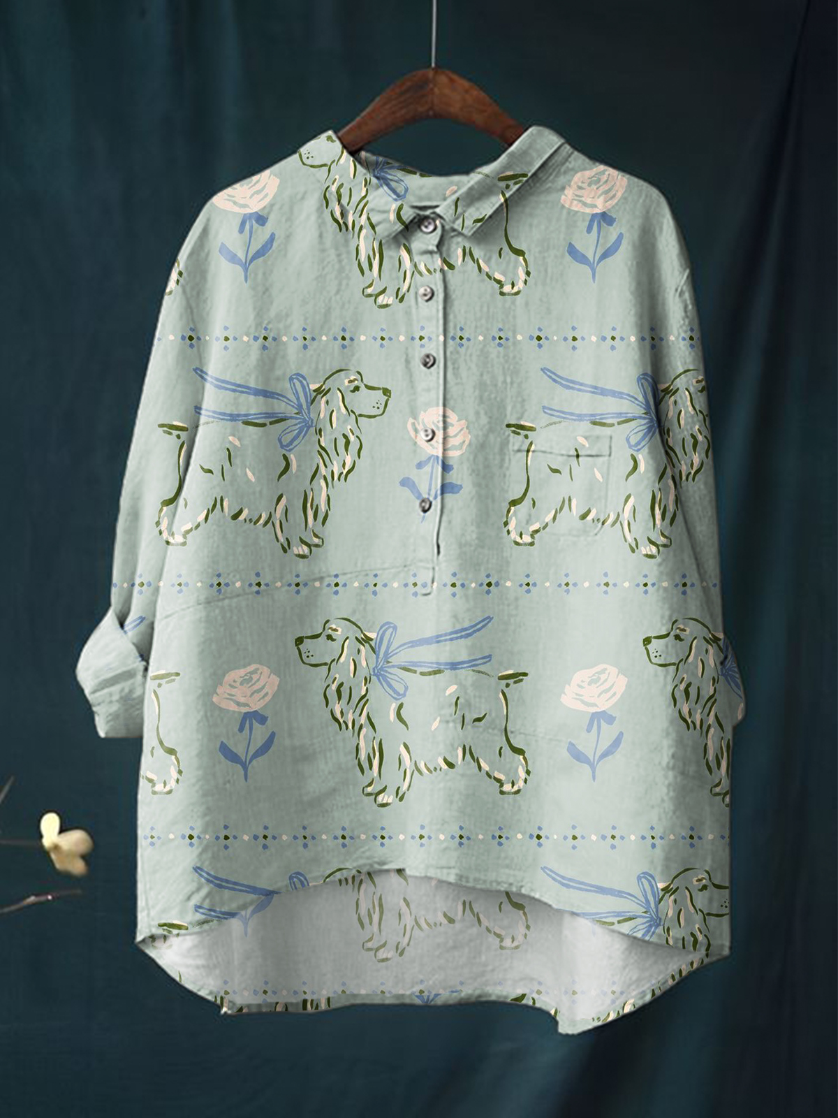 Women's Roses And Puppy Print Casual Cotton And Linen Shirt