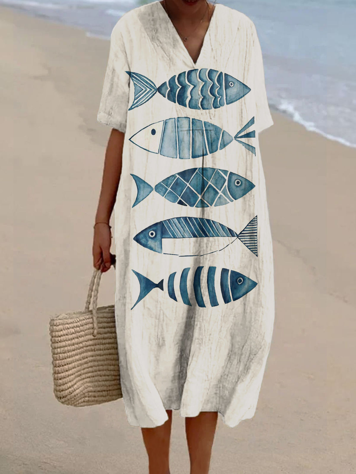 Women's Fish Art Print Casual Cotton And Linen Dress