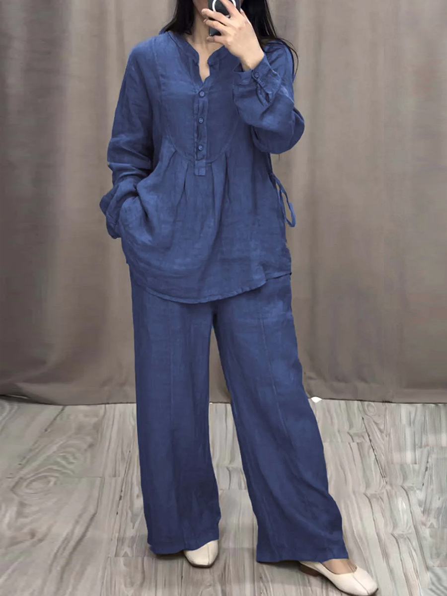 Women Cotton and Linen V-neck Two-piece Suit