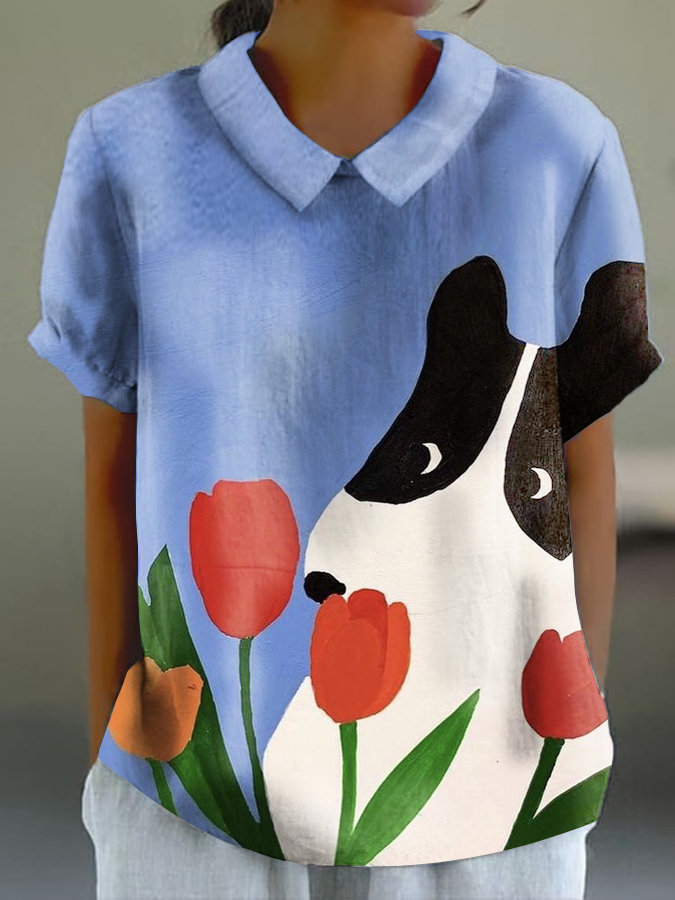 Women's Puppy Flower Colorblock Print Casual Cotton And Linen Short Sleeve Shirt