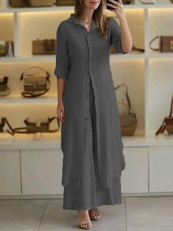Women Summer Casual Linen Set Elegant Long Sleeve Two-piece Pant Suits