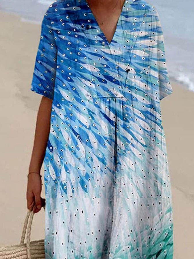 Women's Colorblock Fish Print Casual Cotton And Linen Dress