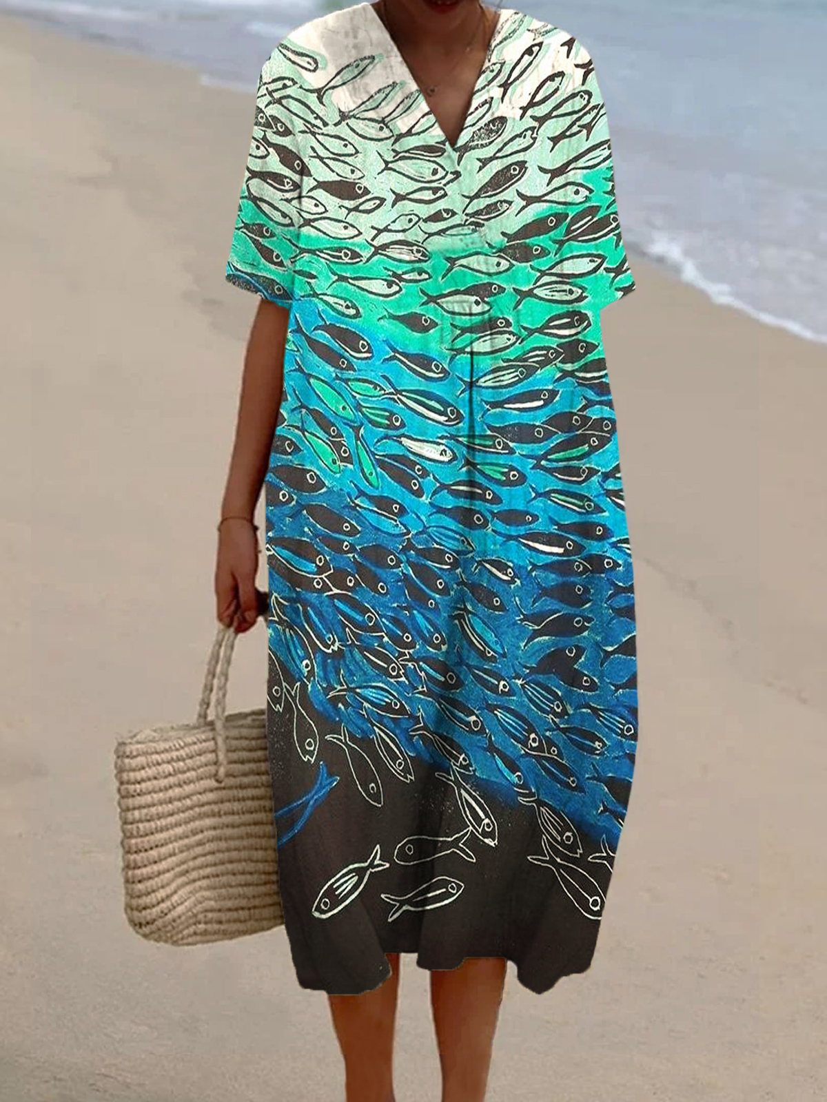 Women's Gradient Fish Print Casual Cotton And Linen Dress