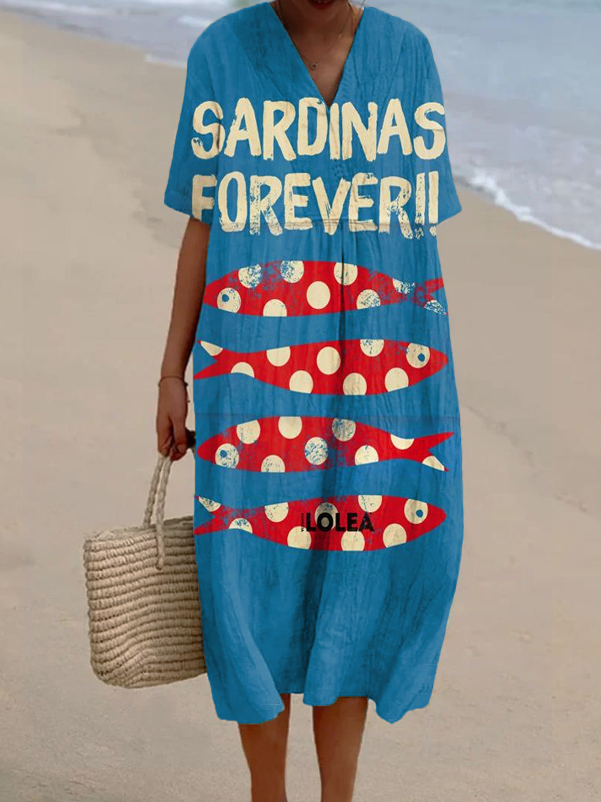 Women's Sardines Forever Print Casual Cotton And Linen Dress