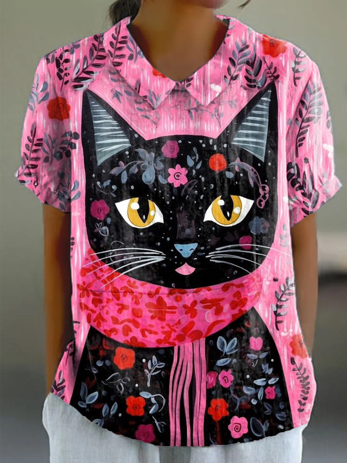 Women's Floral Cat Print Casual Cotton And Linen Short Sleeve Shirt