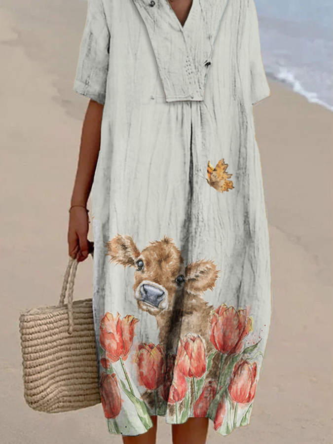 Women's Floral Cow Print Casual Cotton And Linen Dress