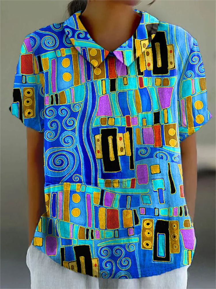 Women'S Abstrct Art Print Casual Cotton And Linen Shirt