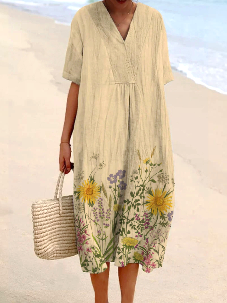 Women's Floral Print Casual Cotton And Linen Dress