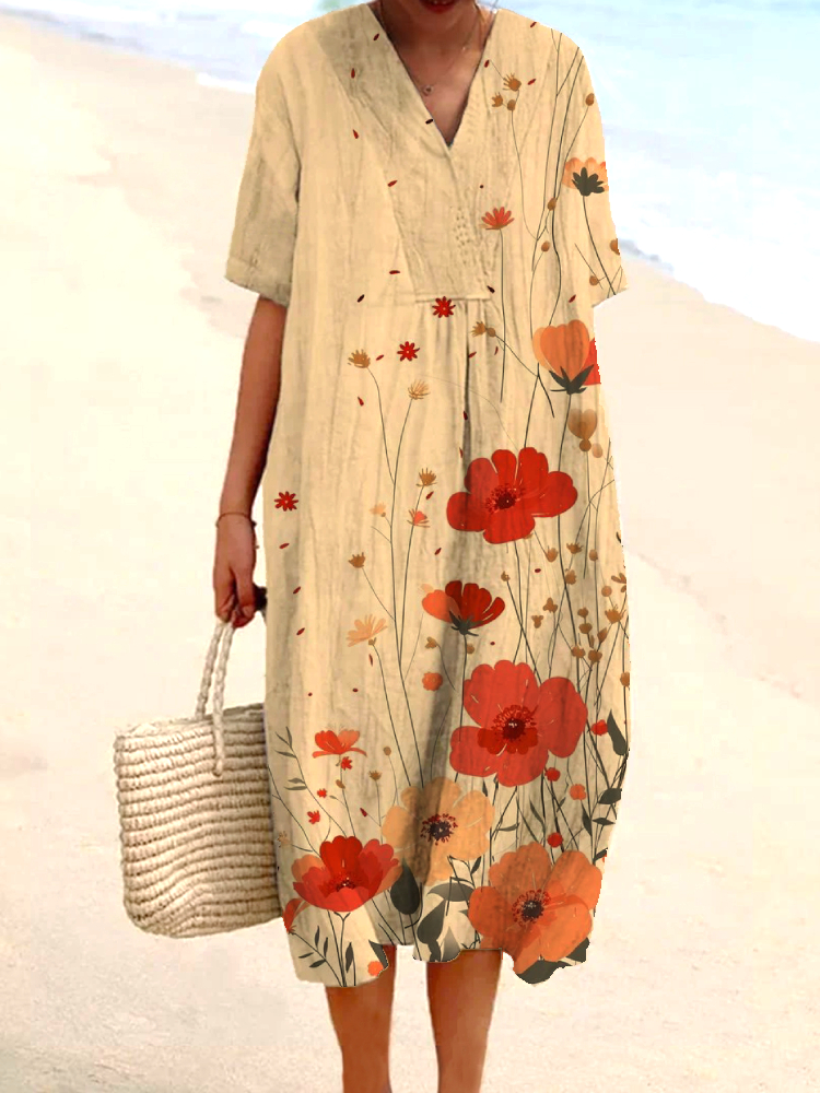 Women's Daisy Flower Print Casual Cotton And Linen Dress