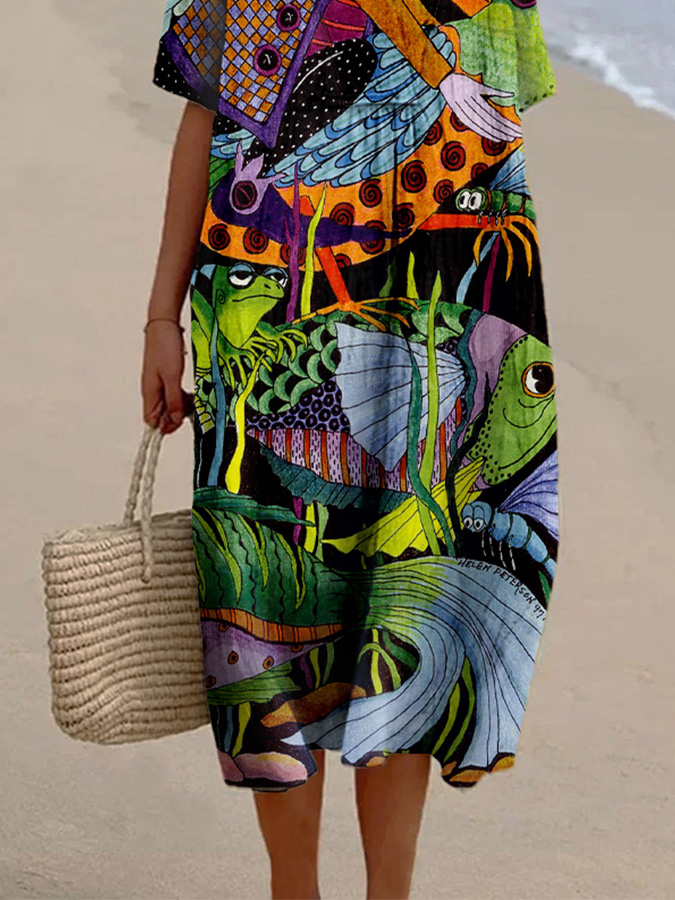 Women's Abstract Colorblock Fish Print Casual Cotton And Linen Dress