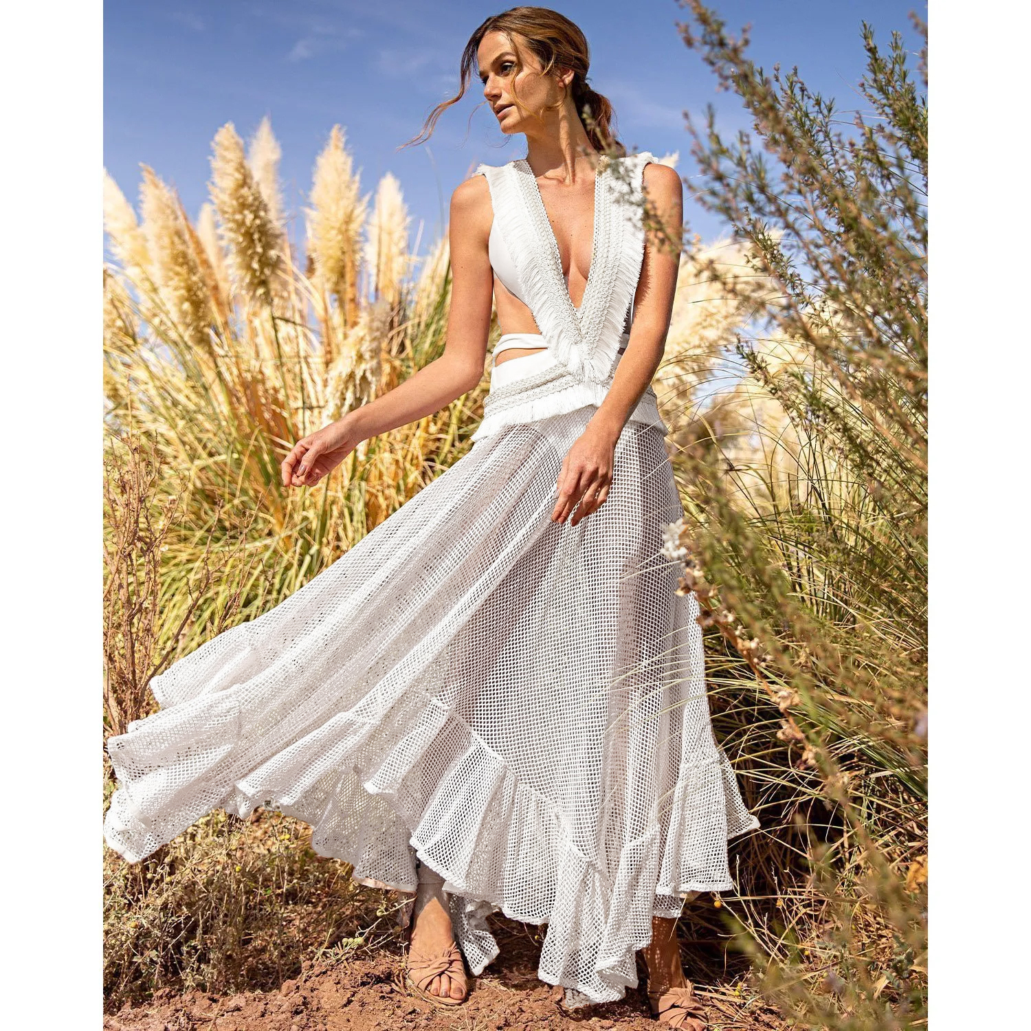 V Neck Tassel Cut Out One Piece Swimsuit1