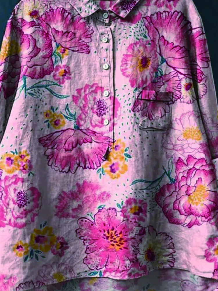 Women's  Flower Print Casual Cotton And Linen Shirt