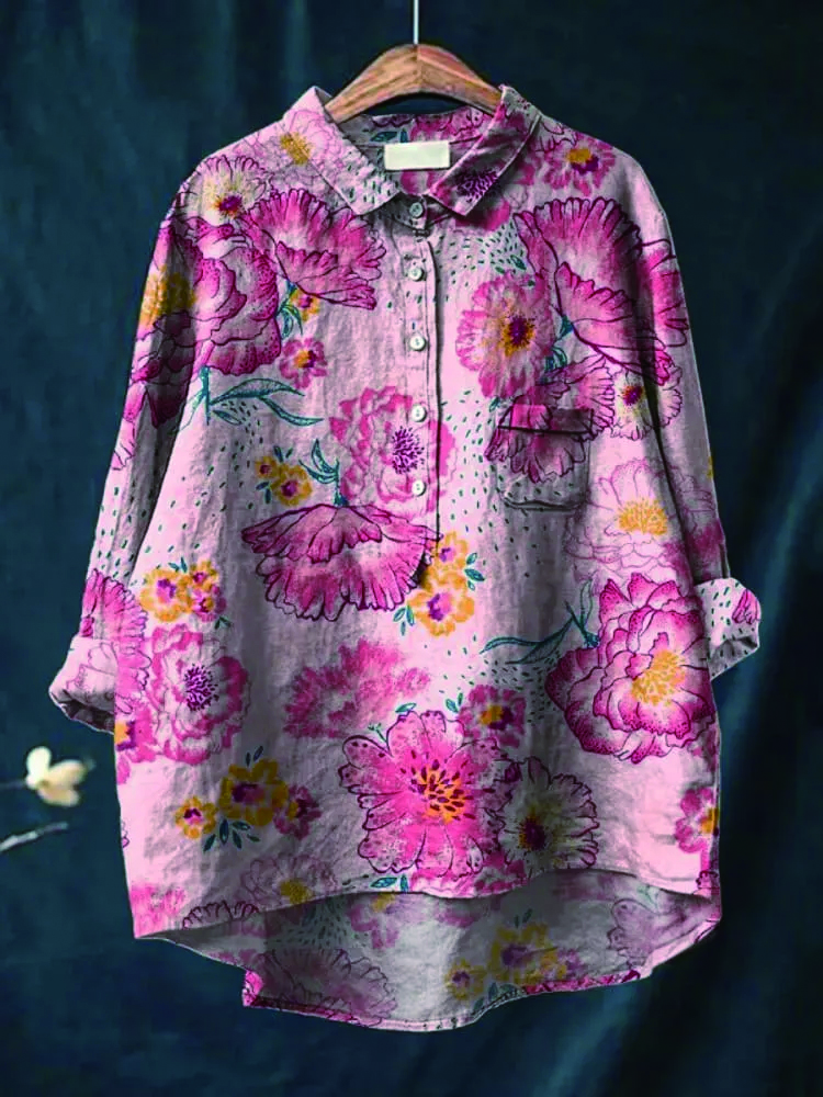 Women's  Flower Print Casual Cotton And Linen Shirt