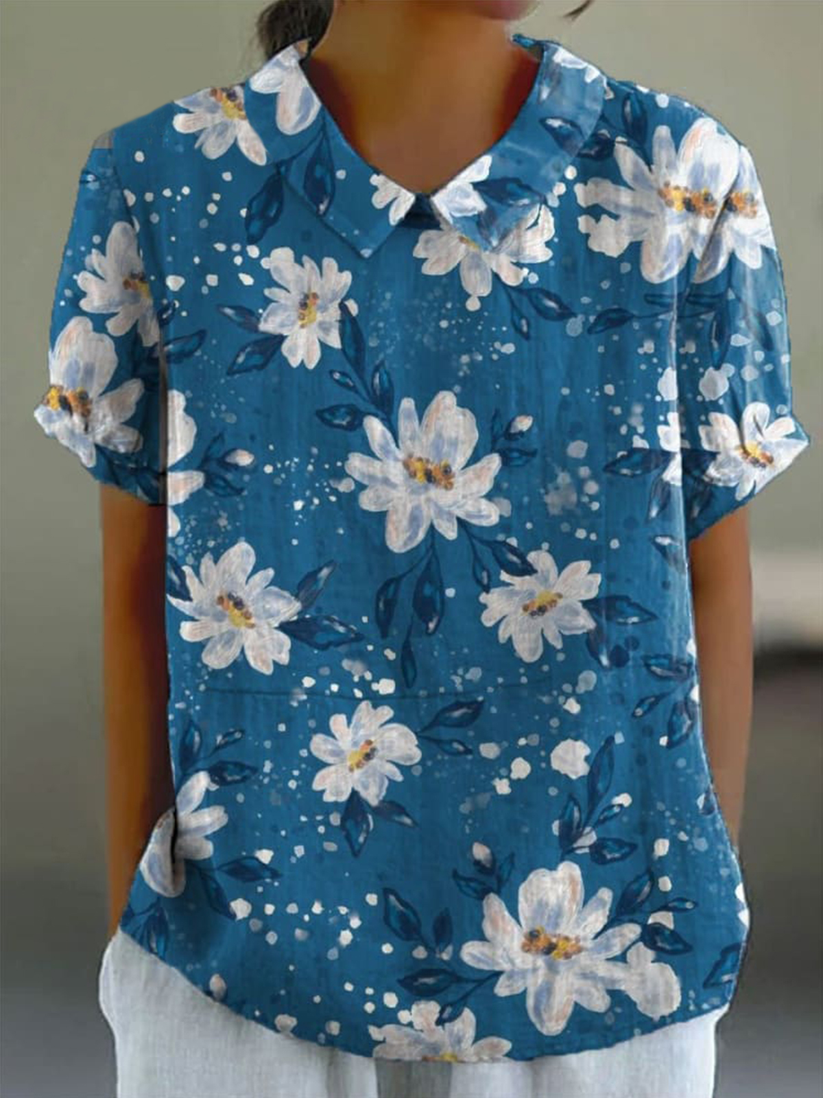 Women's Flower Print Casual Cotton And Linen Shirt