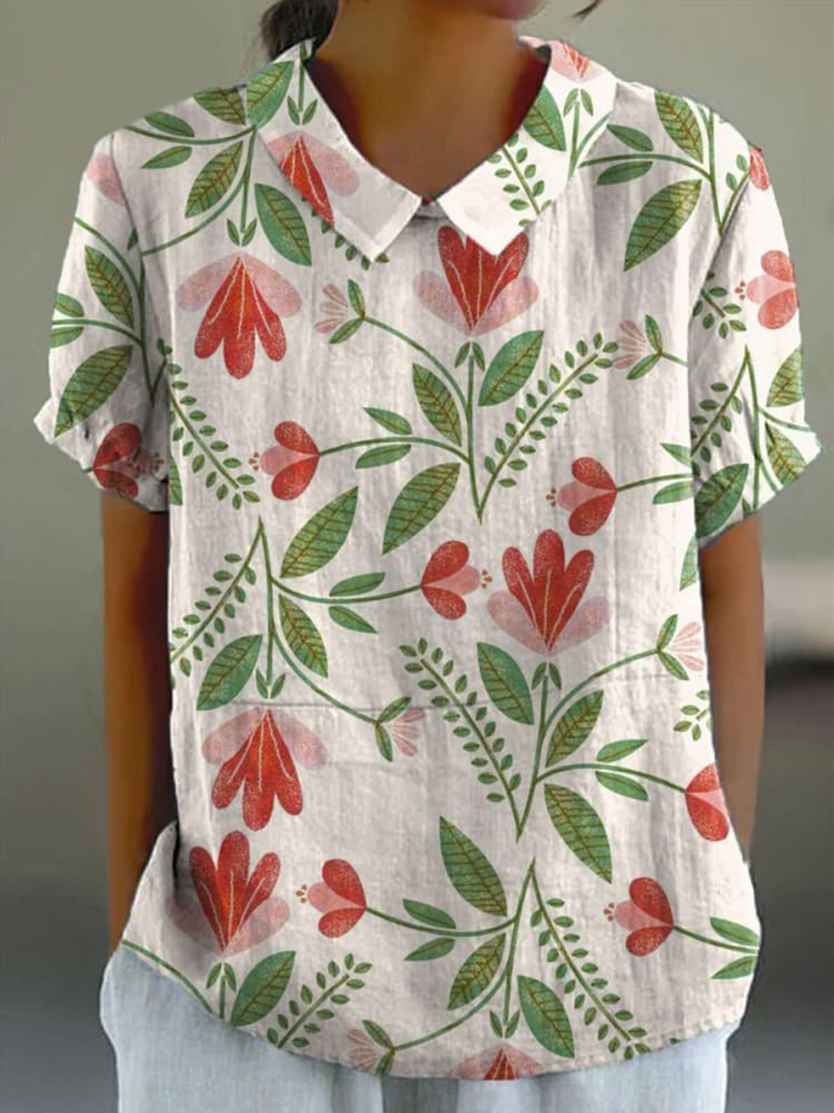 Women's Flower Print Casual Cotton And Linen Shirt
