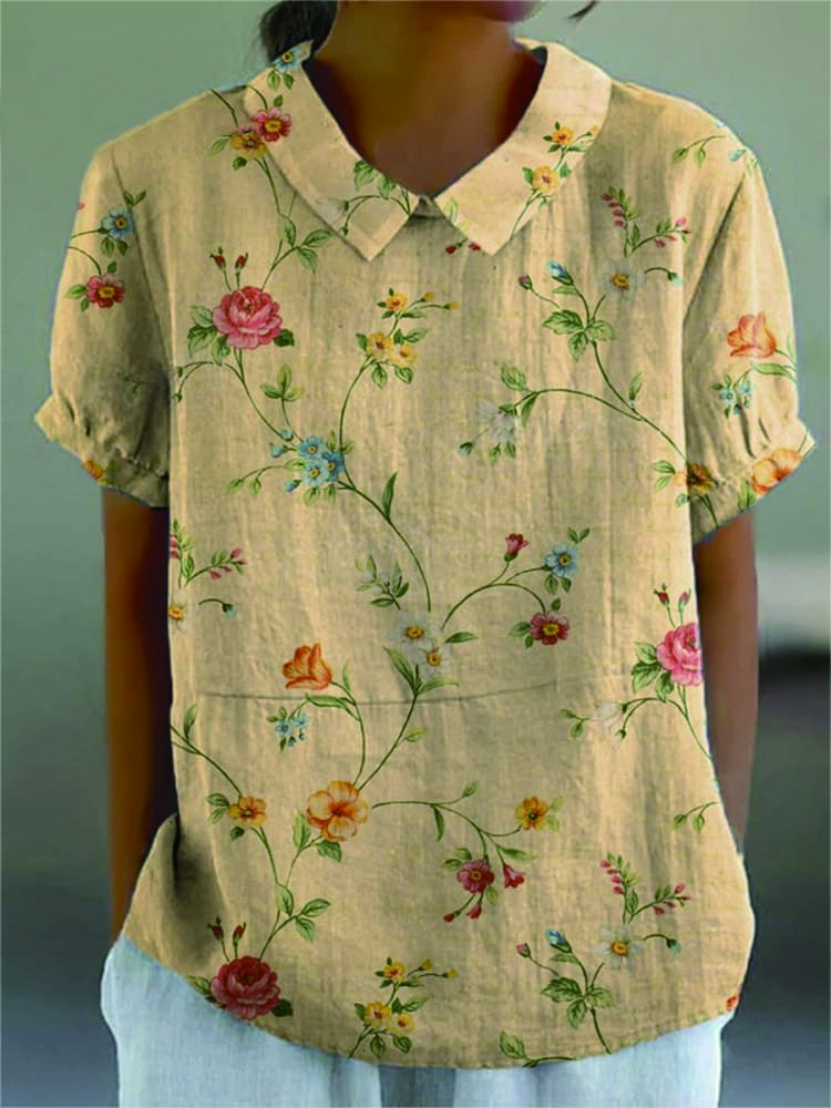 Women's Retro Floral Art Print Casual Cotton And Linen Shirt