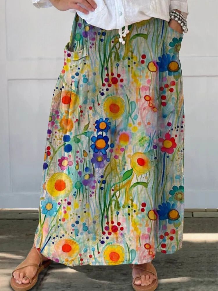 Women's Vintage Floral Watercolor Art Printed Linen Pocket Skirt