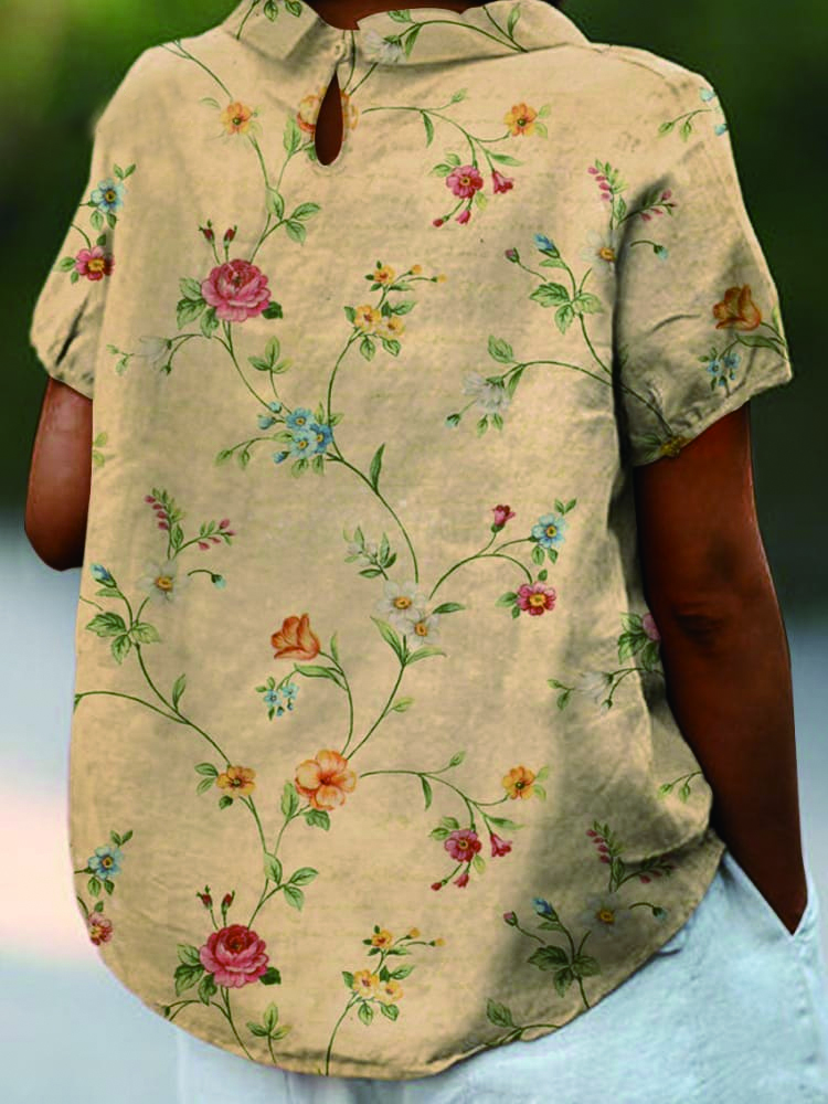 Women's Retro Floral Art Print Casual Cotton And Linen Shirt